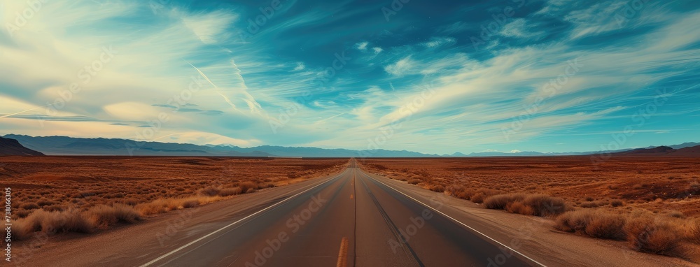 Endless Desert Road Under Expansive Blue Sky