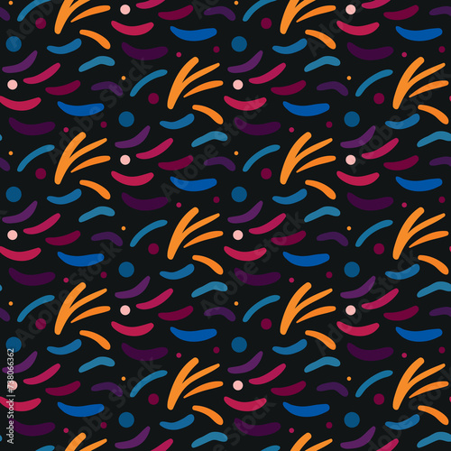 Seamless pattern with colorful abstract shapes on black background. Vector illustration.
