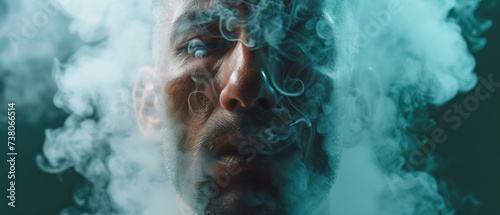 a close up of a man's face with smoke coming out of his face and a cigarette coming out of his mouth.