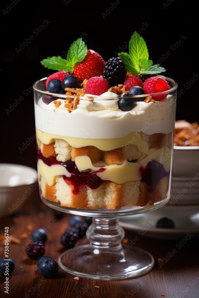 classic English trifle, with layers of sponge cake, custard, and fresh berries; dessert photography; best for banners, flyer, and poster classic English trifle, with layers of sponge cake, custard, and fresh berries; dessert photography; best for banners, flyer, and poster