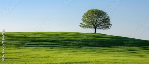 a lone tree on a grassy hill with a blue sky in the background and a green field in the foreground. photo