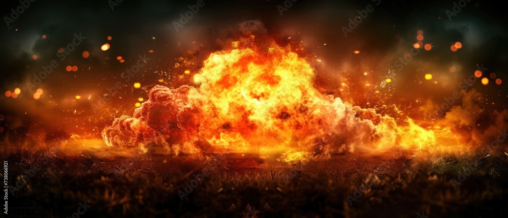 a large fireball is in the middle of a field with a lot of yellow and orange smoke coming out of it.