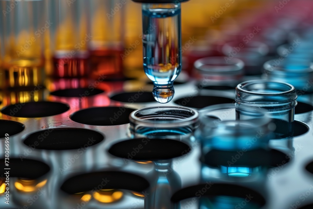 A close-up photo showcasing a drip on the verge of falling from a pipette into a test tube among a spectrum of colorful liquids, symbolizing the beauty of scientific research A close-up photo showcasing a drip on the verge of falling from a pipette into a test tube among a spectrum of colorful liquids, symbolizing the beauty of scientific research