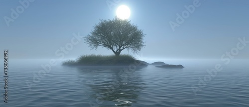 an island in the middle of a body of water with a tree in the middle of the water and the sun in the background.