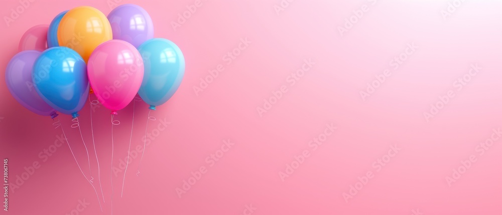 a bunch of balloons floating in the air on a pink background with the word happy written on the bottom of the balloons.