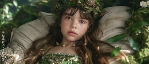 a young girl in a green dress laying on a pillow with a wreath on her head and her hair blowing in the wind. photo