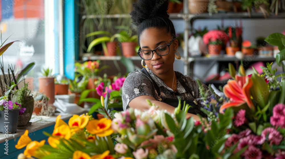 Local business. Young beautiful florist standing in her shop, working on flower bouquet. 