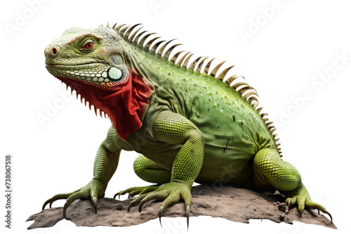 Green Iguana With a Red Scarf on Its Head. A green iguana with a red scarf wrapped around its head poses for the camera.