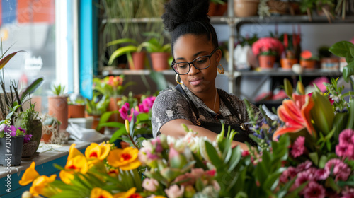 Local business. Young beautiful florist standing in her shop, working on flower bouquet.  © Bogna
