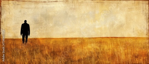 a painting of a man standing in the middle of a field with his back to the camera and looking at the horizon.