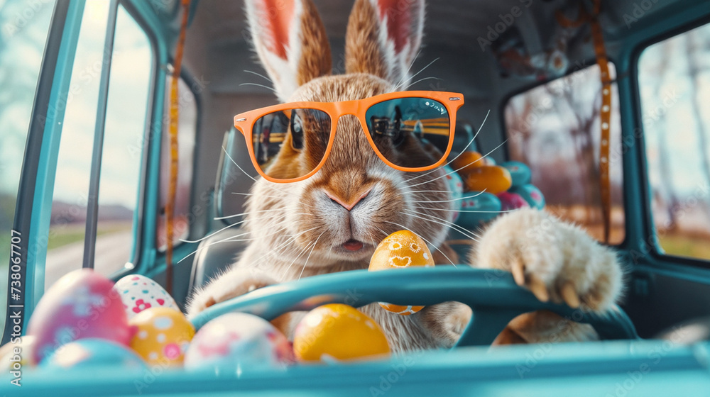 Cool Easter Bunny with Sunglasses Delivering Easter Eggs in a Truck: A Unique Holiday Celebration on the Road - obrazy, fototapety, plakaty 