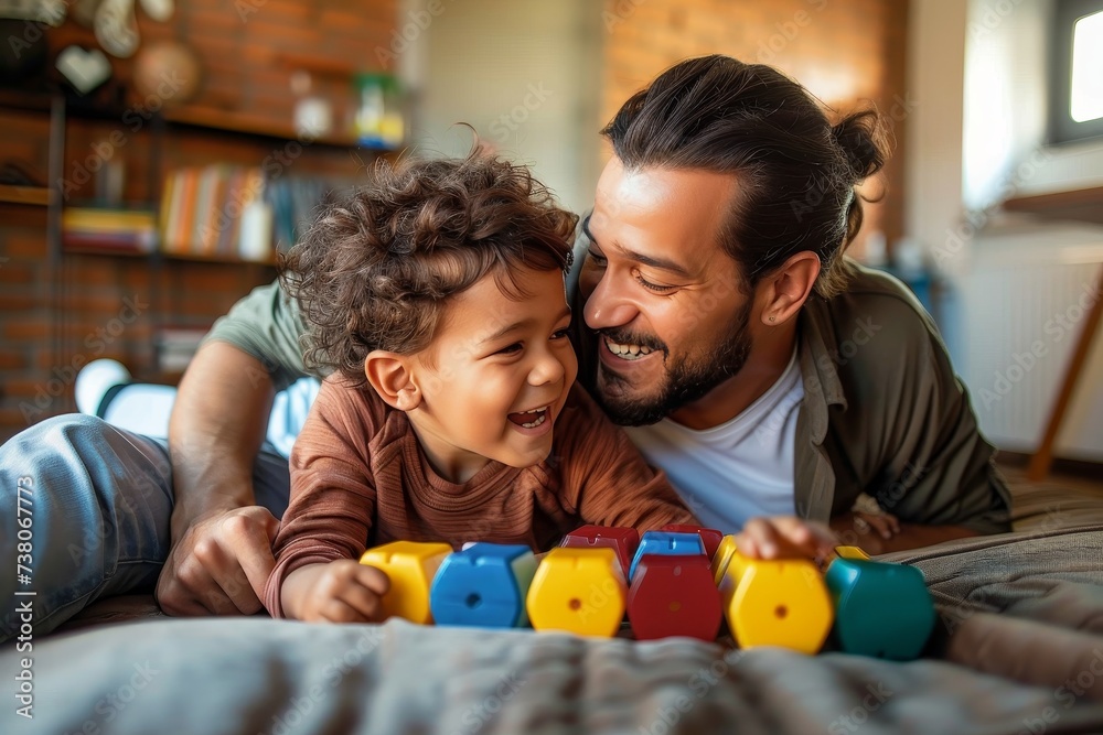 Fototapeta premium An image capturing a playful moment between a father and son with toy trains