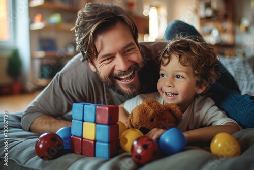 Joyful father and little son enjoying playtime with colorful building blocks and a teddy bear on a bed photo