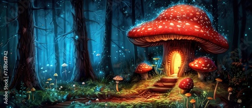 a painting of a mushroom house in the middle of a forest with steps leading up to it and glowing in the light. photo