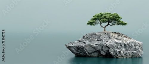 a lone tree sitting on top of a rock in the middle of a body of water with a blue sky in the background. photo