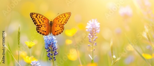 a close up of a butterfly on a flower in a field of grass and wildflowers with yellow and purple flowers in the background. photo