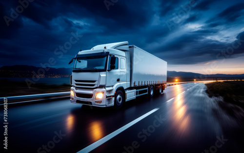 Loaded white truck on motorway for mockup.