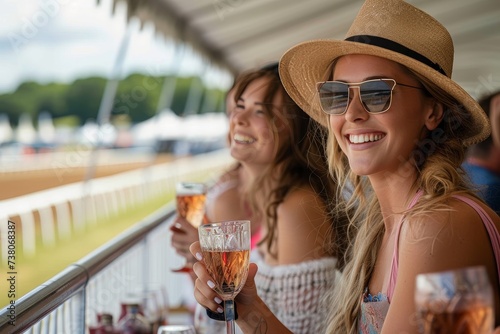 Smiling women holding drinks and enjoying a bright summer day at the horse races, wearing casual summer fashion