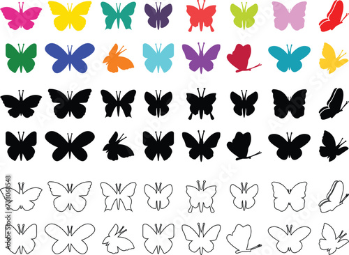 Butterflies silhouette black and colorful drawing flat or line icon set. Flaying butterflies vector collection isolated on transparent background. Use for graphic design, beauty, web and mobile app.