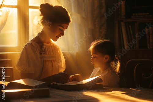 Mother and Child Engrossed in a Book During a Serene Sunset