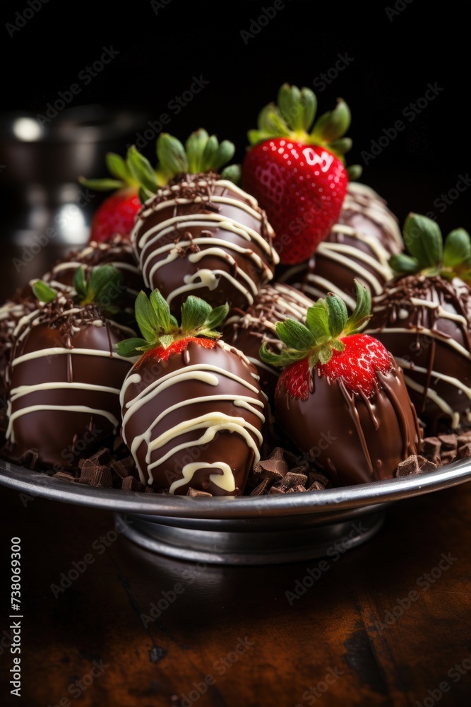 gourmet chocolate covered strawberries, elegantly arranged with dark, milk, and white chocolate drizzles, dessert photography, best for banner, flyer, and poster gourmet chocolate covered strawberries, elegantly arranged with dark, milk, and white chocolate drizzles, dessert photography, best for banner, flyer, and poster