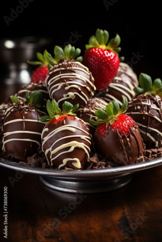 gourmet chocolate covered strawberries, elegantly arranged with dark, milk, and white chocolate drizzles, dessert photography, best for banner, flyer, and poster