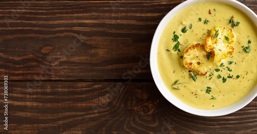 Close up view of cauliflower cheese soup in bowl over wooden background with free space