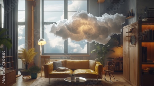 Cloud in the room. The interior is in a modern style with a real fluffy cloud inside. Light and airy lifestyle. 
