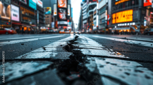 In a busy city street, there is a road with a long crack, depicting the effects of an earthquake. The background appears blurry
 photo