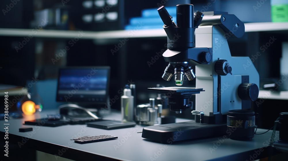 A microscope with lab glassware in modern medical laboratory for scientific research. Microscope in lab A microscope with lab glassware in modern medical laboratory for scientific research. Microscope in lab