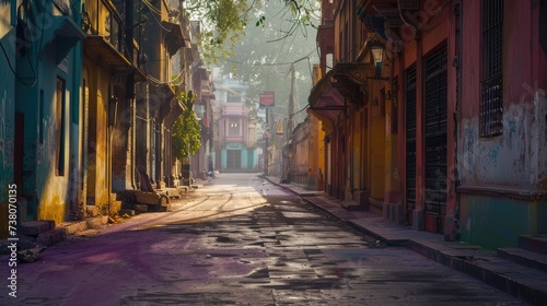 The empty streets were bathed in the soft morning light, their surfaces adorned with the bright colors of the Holi festival. © Suparak