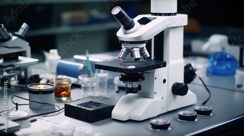 A microscope with lab glassware in modern medical laboratory for scientific research. Microscope in lab