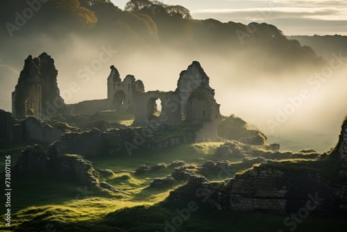 A ruined castle on a hilltop overlooking a valley. Misty morning light casting over ancient castle ruins