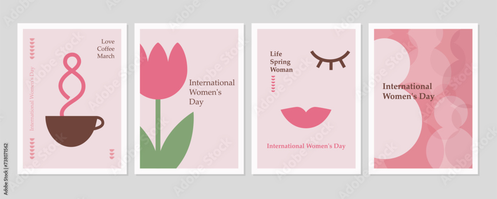 Womens day set posters or cards. Cute greetin illustrations set in flat style. Womens day set posters or cards. Cute greetin illustrations set in flat style.