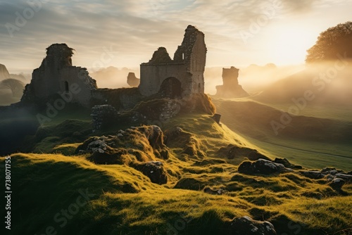 A ruined castle on a hilltop overlooking a valley. Misty morning light casting over ancient castle ruins