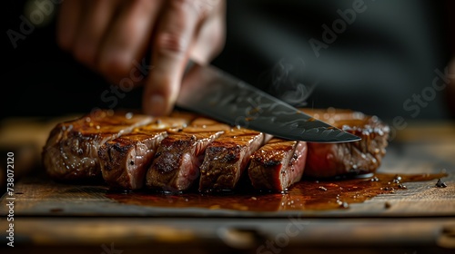 Cut with a meat steak on the wood, hand holding knife cutting juicy beef steak