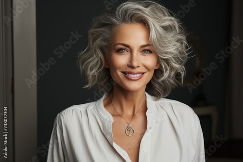 Grey-Haired Woman in White Shirt Generative AI