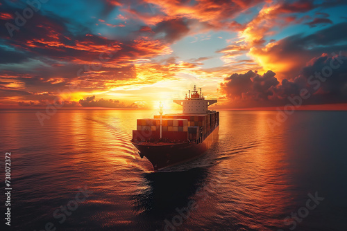 Container ship and cargo ship docked at the port, surrounded by bustling maritime industry photo