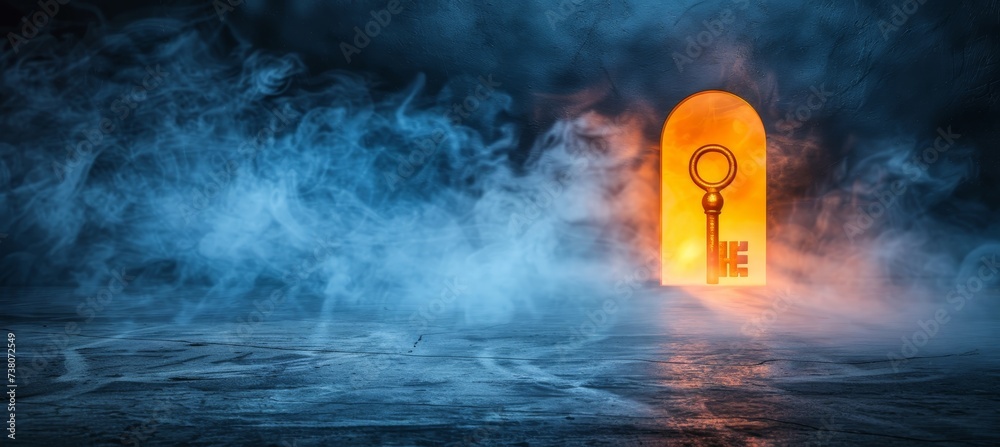 Mysterious keyhole with light shining through on dark background, space for text placement Mysterious keyhole with light shining through on dark background, space for text placement