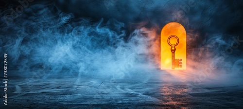 Mysterious keyhole with light shining through on dark background, space for text placement photo