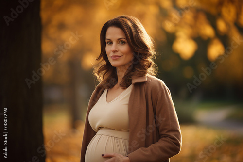 Generative ai image of lovely charming girl walking in autumn park enjoying her beautiful pregnancy