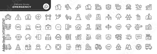 Set of line icons in linear style. Set - Emergency. Sos. Dangerous situation and incident, disaster, accident. Help and salvation.Outline icon collection. Pictogram and infographic. Editable stroke. 