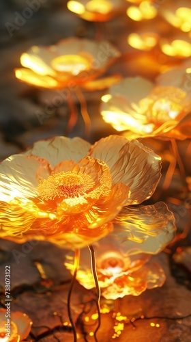 Immerse in the serenity of golden ember poppies against the dry and broken earth, each petal portrayed in macro close-up shots. photo