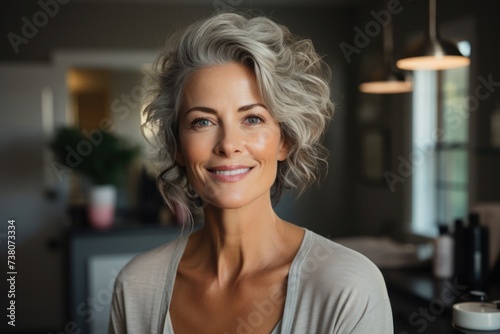 Attractive Middle Aged Woman With Grey Hair Smiling at the Camera Generative AI