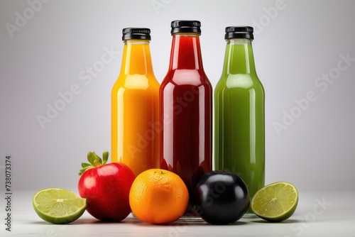 three botles natural vegetable or fruits healthy drinks