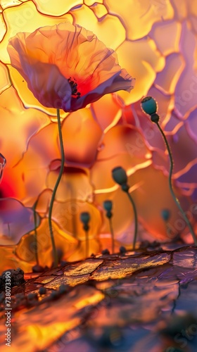 Immerse in the serenity of a sunset with poppies in various warm hues against the dry and broken earth, details captured in macro close-ups.. photo