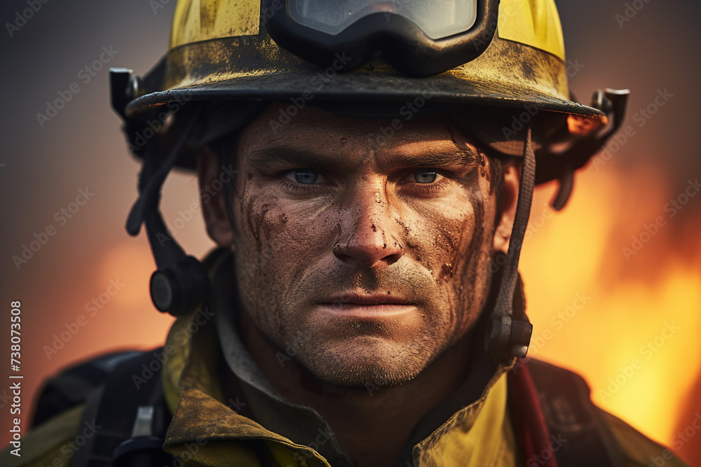 AI generated photo of a professional firefighter man against burning buildings background AI generated photo of a professional firefighter man against burning buildings background