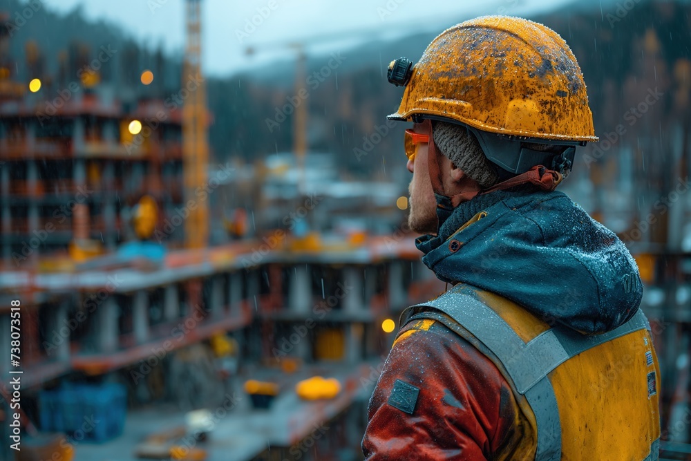 A man wearing a hard hat carefully examines a construction site to assess progress and ensure safety. A man wearing a hard hat carefully examines a construction site to assess progress and ensure safety.