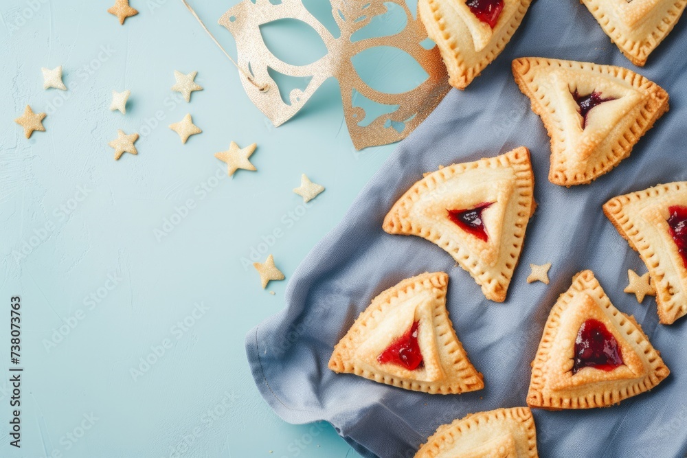 hamantaschen cookies with jam lying on a blue linen napkin, next to Purim masks on a blue background, minimalism, copy space. Concept: traditional dishes and Purim holiday.
