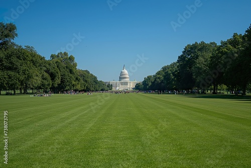 A factual photograph capturing the view of the Capitol building from a distant perspective across the lawn.